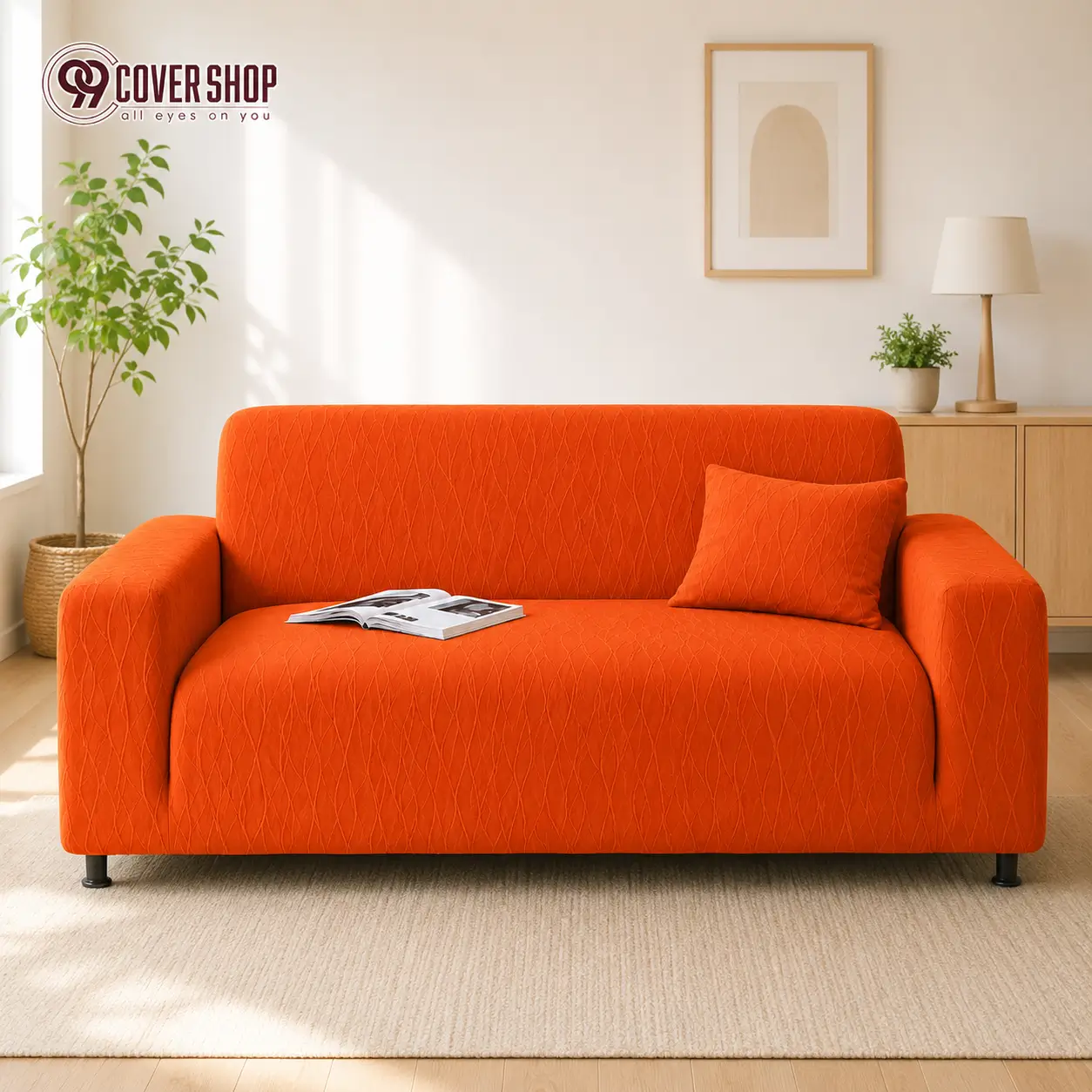 Fujian Jacquard Sofa Cover | Wave - Orange - Image 4